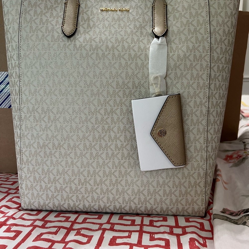 Michael Kors Cream Tote with Monogram Print and Leather Handles